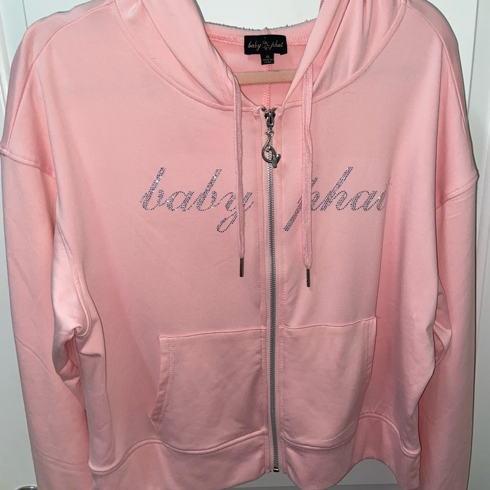 Baby Phat Light Pink Rhinestone Script Zip Hoodie